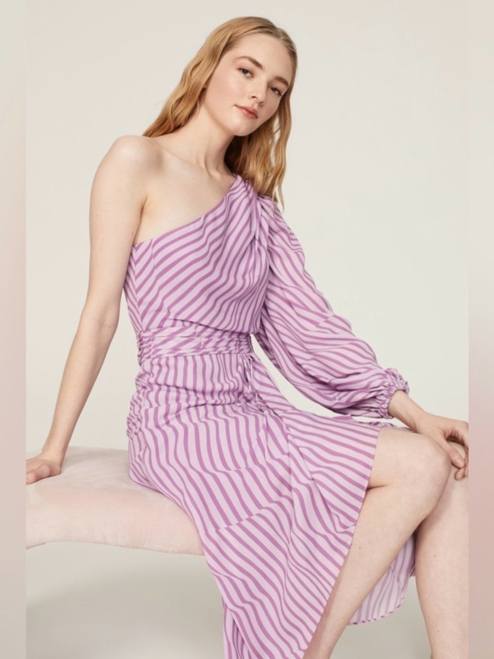 Toccin One-Shoulder Lilac Stripe Midi Dress MSRP $595